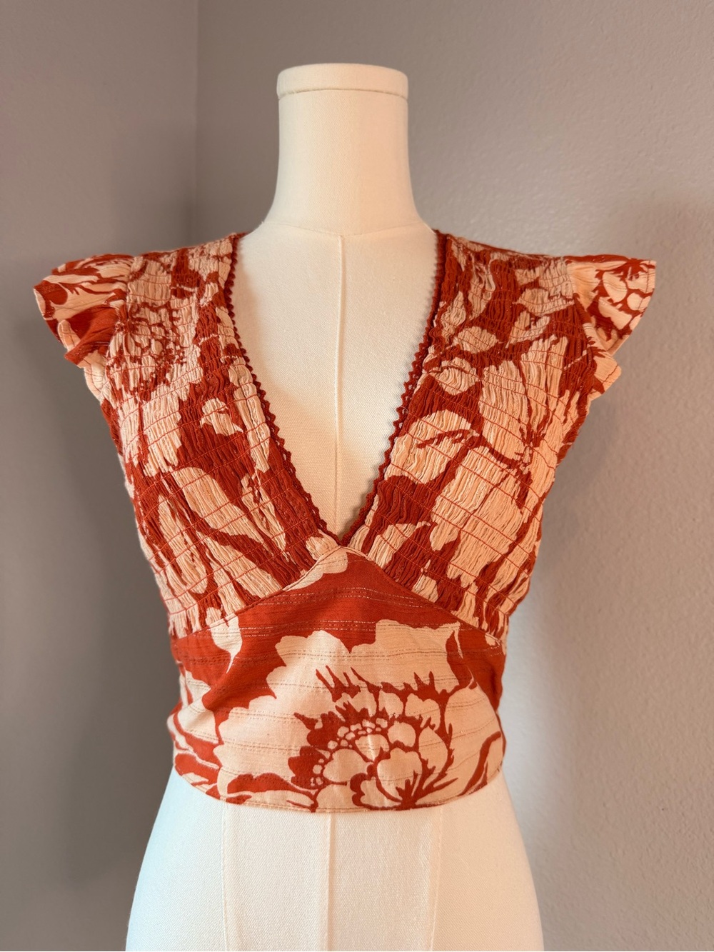 Angie Rust Cream Floral Smocked Surplice Crop Top Boho S